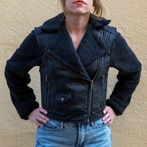 Black Vegan Leather Moto Jacket with Faux Fur